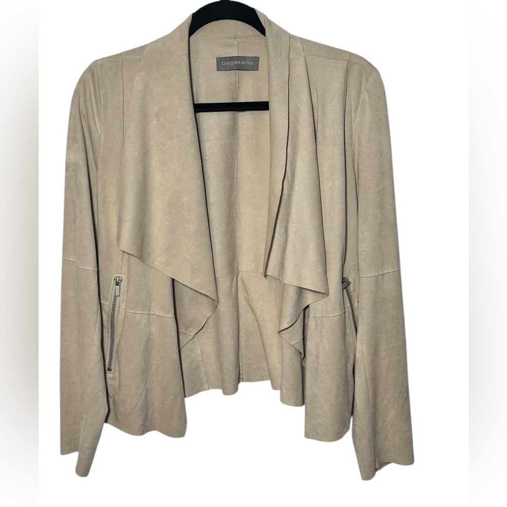 Bagatelle Drape Front Faux Suede Jacket Pockets Size Medium Light Tan LongSleeve